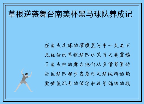 草根逆袭舞台南美杯黑马球队养成记