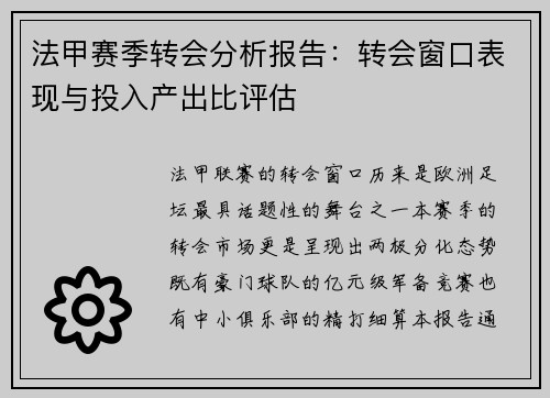 法甲赛季转会分析报告：转会窗口表现与投入产出比评估